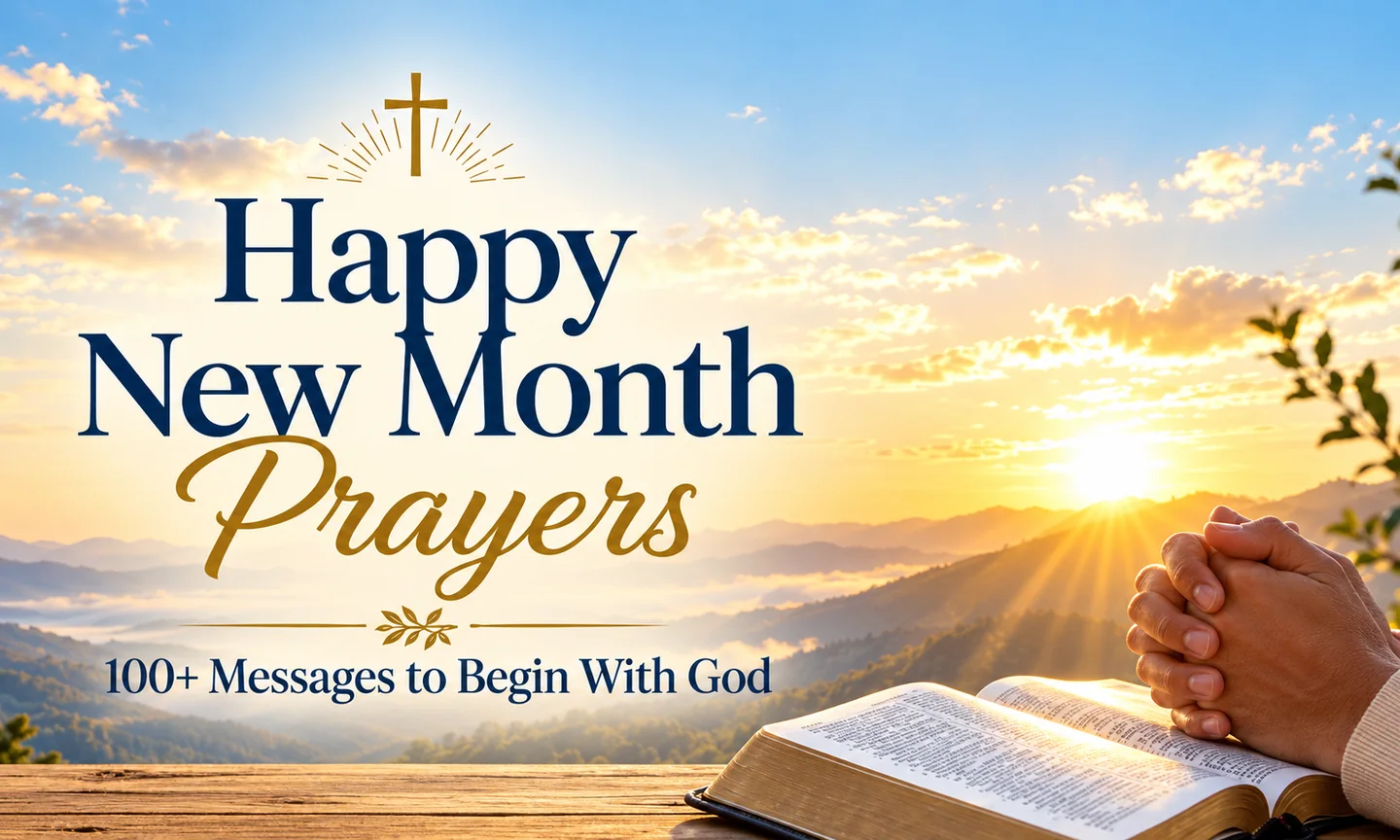 Happy new month prayers graphic with praying hands, an open Bible and sunrise