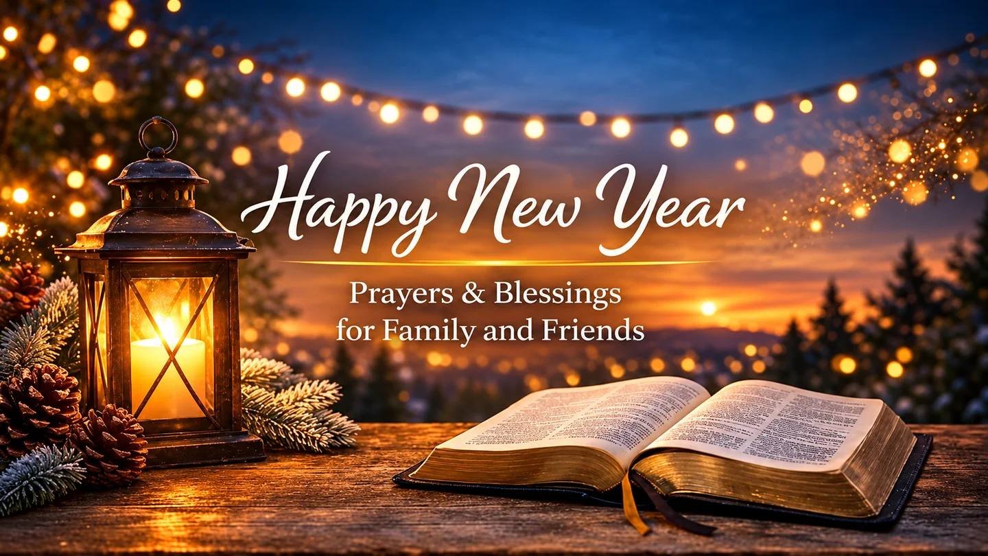 Happy New Year prayers and blessings graphic with a lantern and open Bible