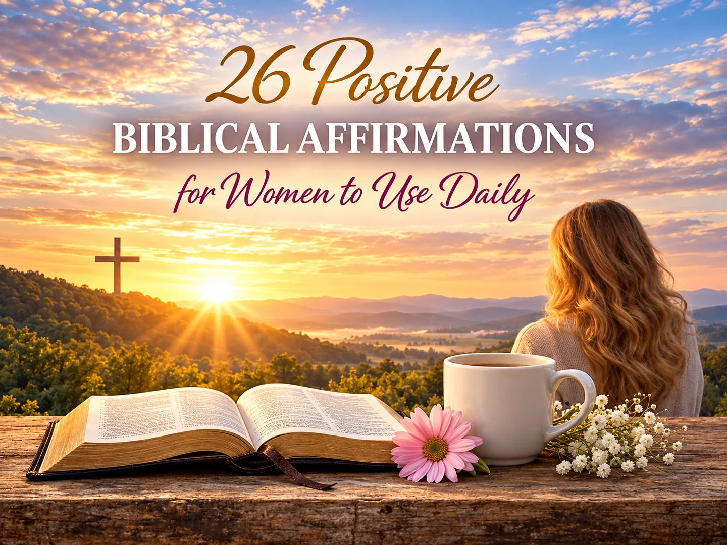 Biblical affirmations for women graphic with an open Bible, flowers and a woman facing the sunrise