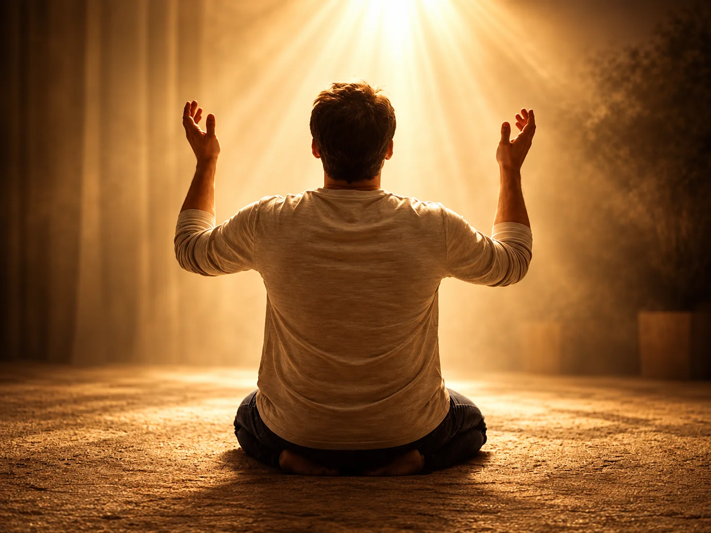 Man kneeling in prayer beneath a warm beam of light