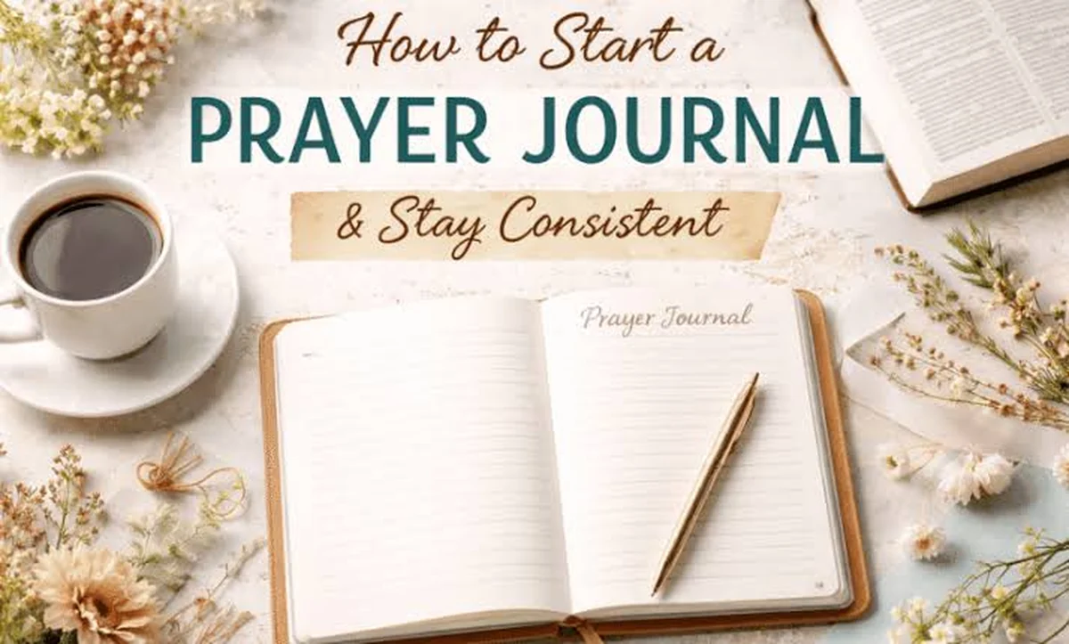 Prayer journal, pen, coffee, and how to start a prayer journal text