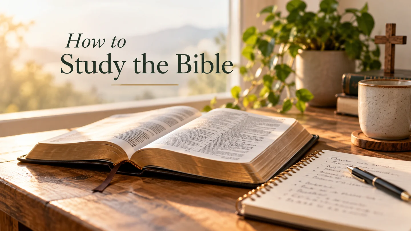Open Bible, notebook and coffee beside a bright window with the words How to Study the Bible