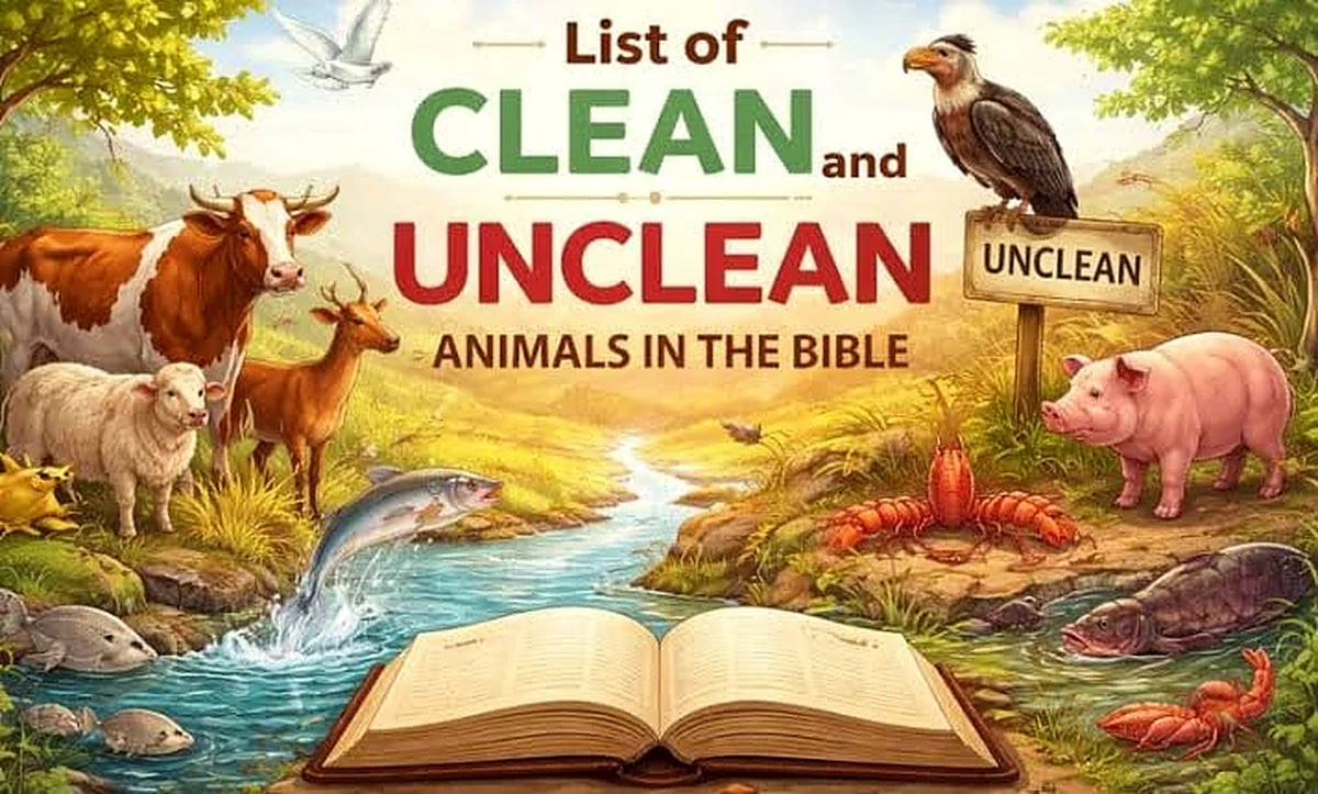 Illustrated clean and unclean animals in the Bible with explanatory title