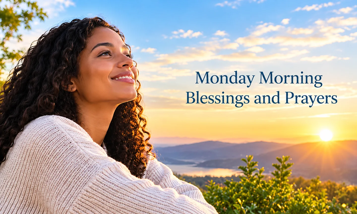 Monday morning blessings and prayers graphic with a woman looking toward the sunrise