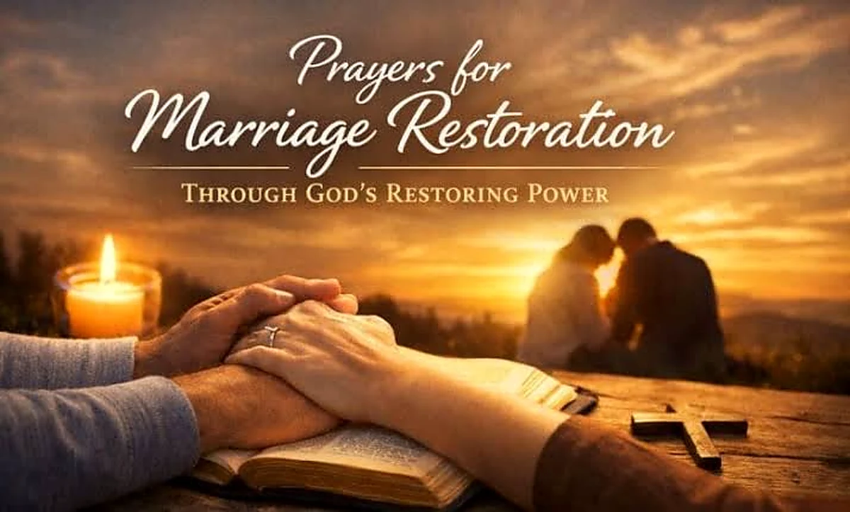 Couple holding hands in prayer with marriage restoration text