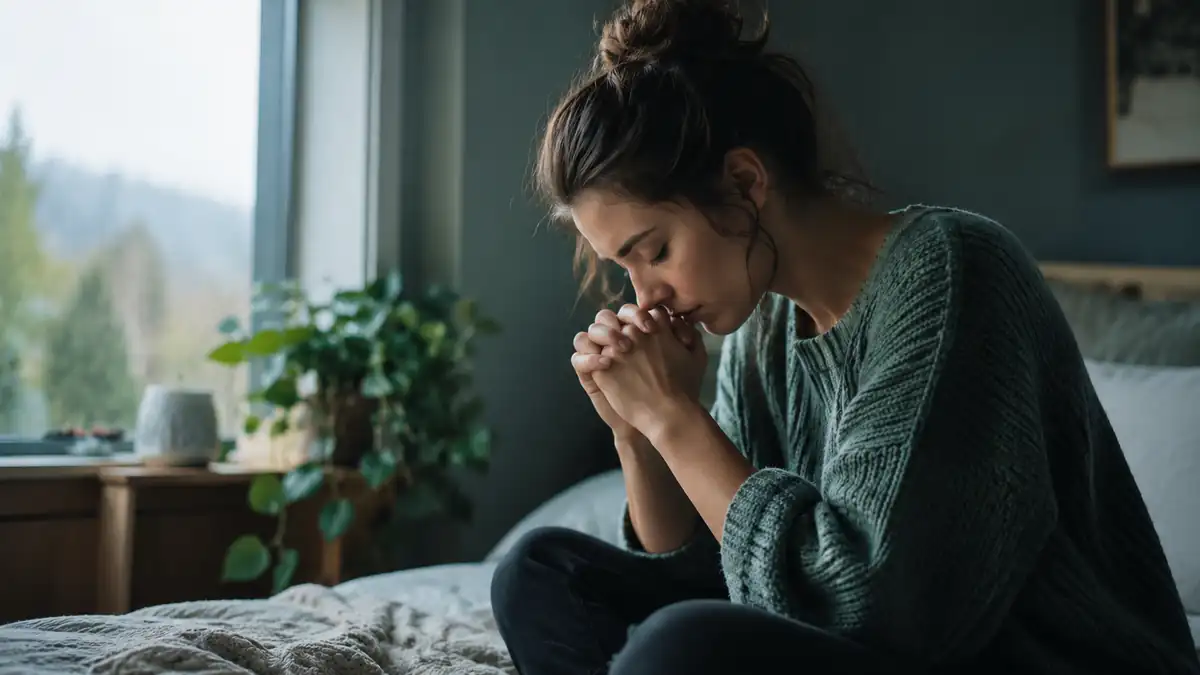 Woman with bowed head and clasped hands praying quietly beside a window in soft natural light