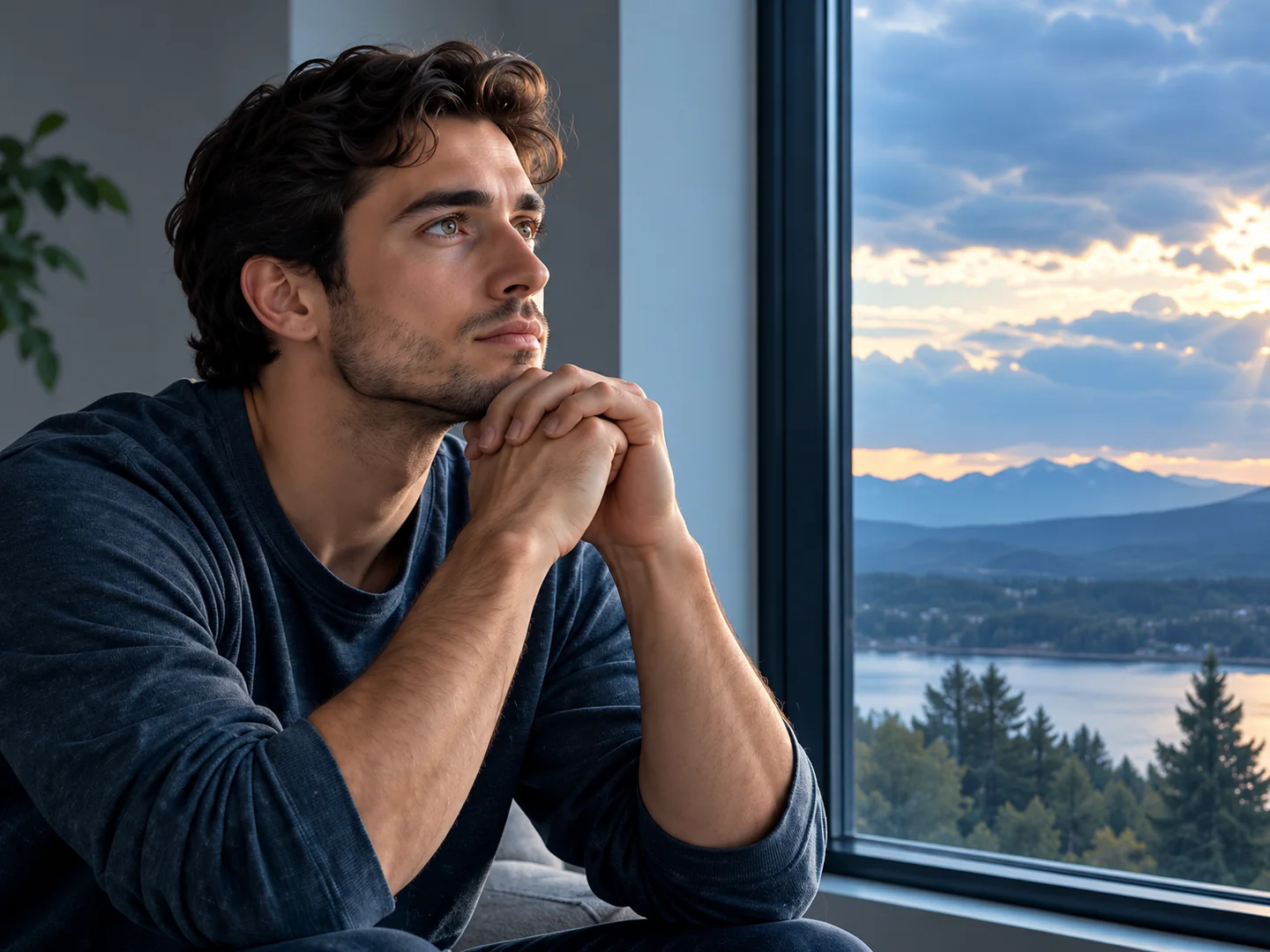 Man sitting quietly by a window with his hands clasped in prayer