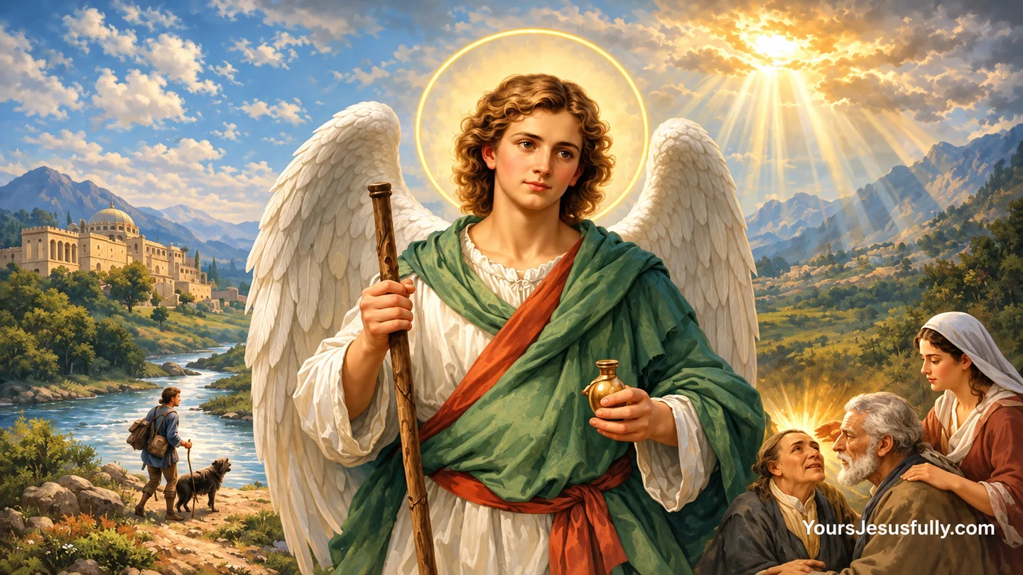 Illustration of Saint Raphael the Archangel with a staff and a healing scene in the background