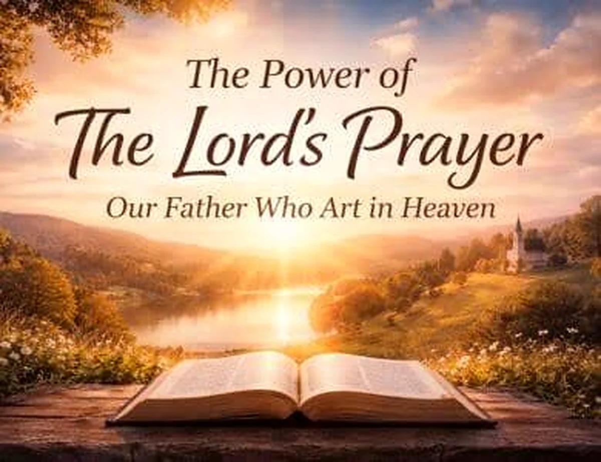 Open Bible before a sunset with the Lord's Prayer title
