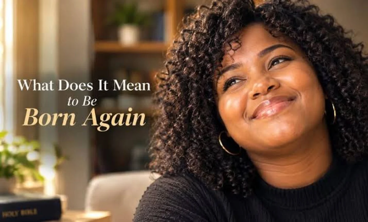 Smiling woman and the title What Does It Mean to Be Born Again