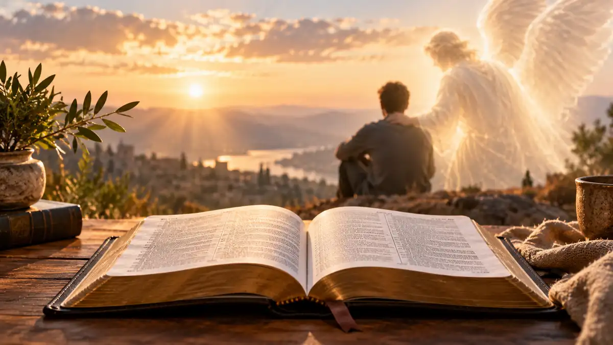 Open Bible at sunrise with a luminous guardian angel beside a person looking across a valley