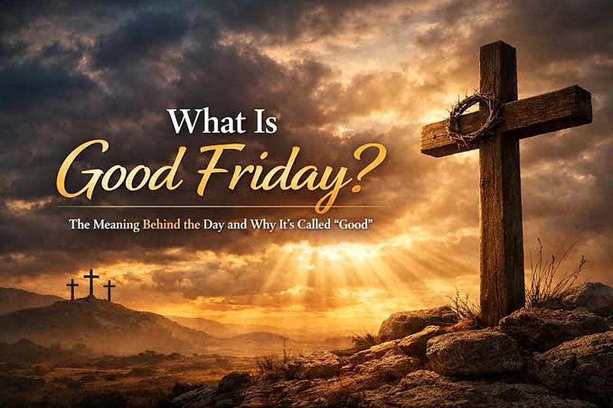 Wooden cross with crown of thorns at sunset for Good Friday