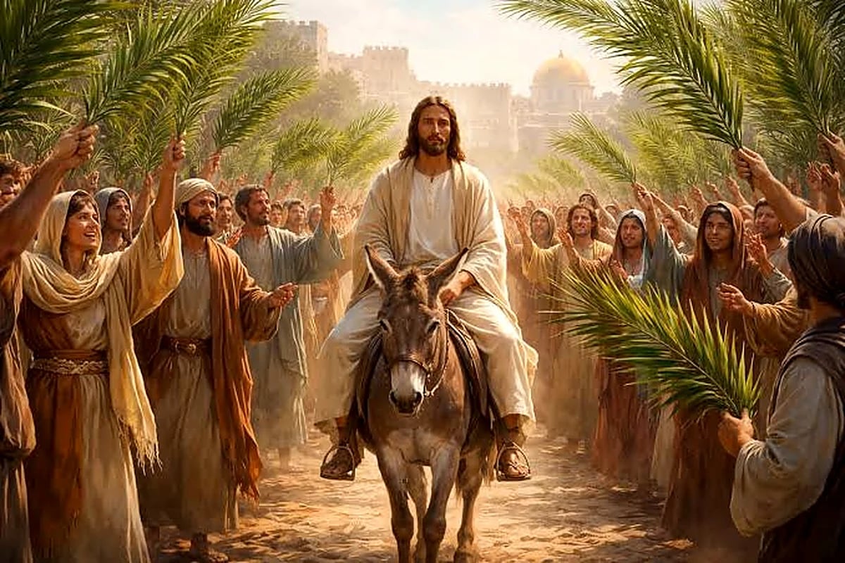 Jesus entering Jerusalem on a donkey as people wave palm branches