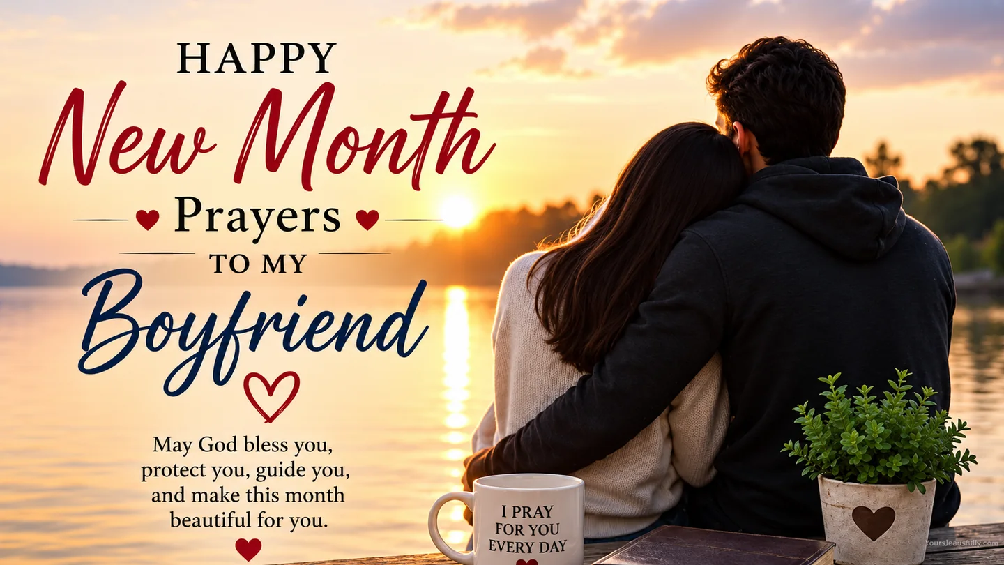 Happy new month prayers to my boyfriend graphic with a couple sitting together at sunset