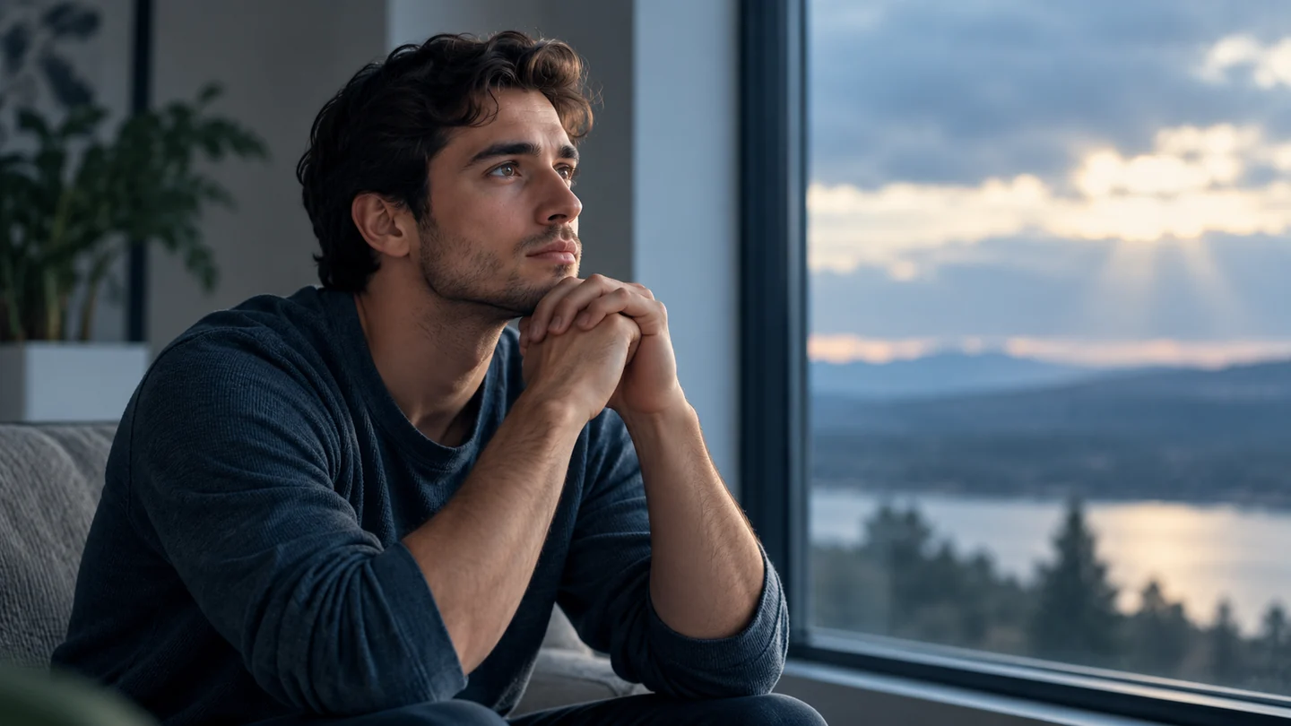 Thoughtful young man sitting quietly by a window in a calm blue-toned room