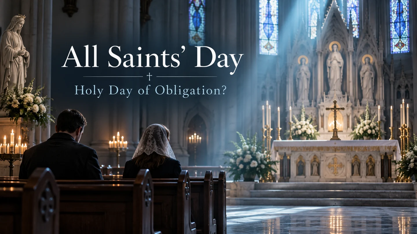 Catholics seated in a Gothic church beneath the words All Saints Day Holy Day of Obligation?