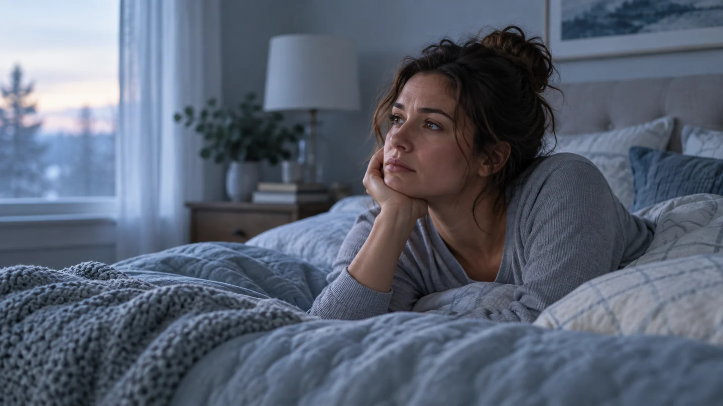 Thoughtful woman sitting in bed by a window in a quiet, reflective bedroom