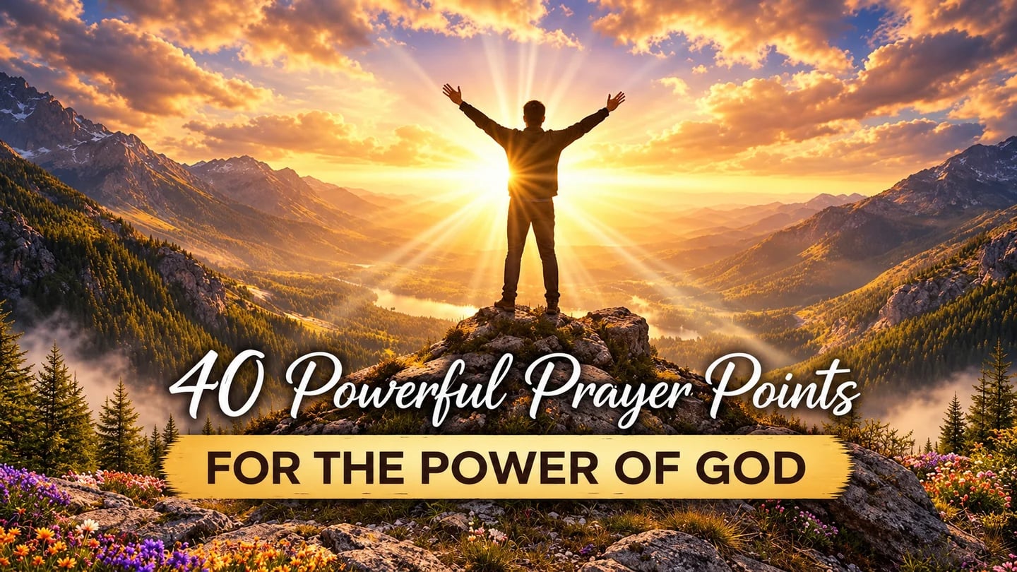 Prayer points for the power of God graphic with a person standing in praise over a mountain valley