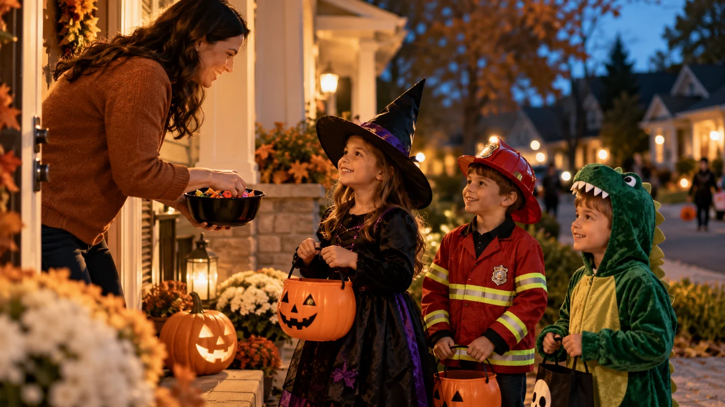 Family-friendly trick-or-treat scene with children in costumes at a decorated porch