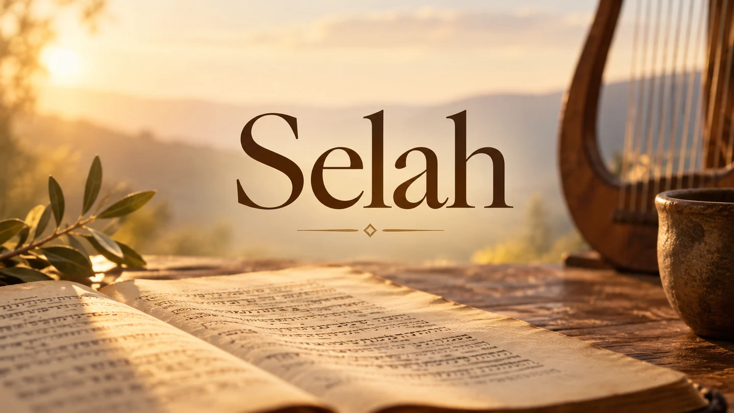 Open Scripture beside a harp in golden light with the word Selah