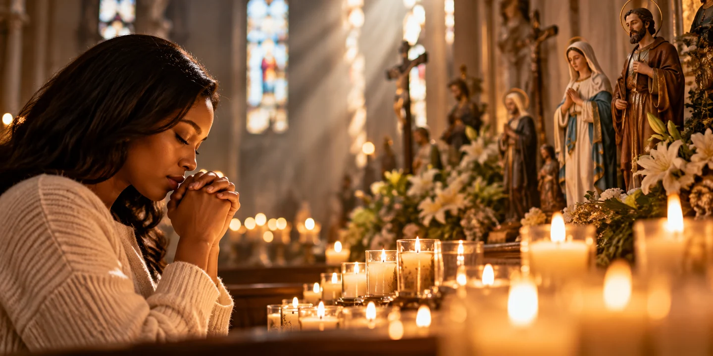 Woman praying by candlelight among images of Christian saints in a church