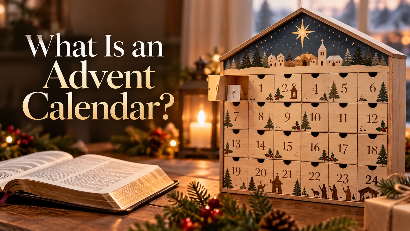 Wooden Advent calendar beside an open Bible and Christmas greenery