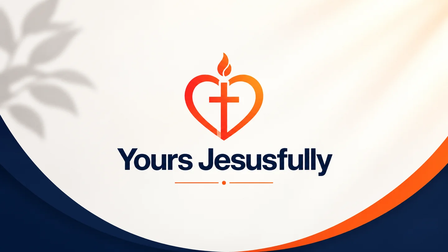 Yours Jesusfully heart and cross logo on a cream and navy brand background