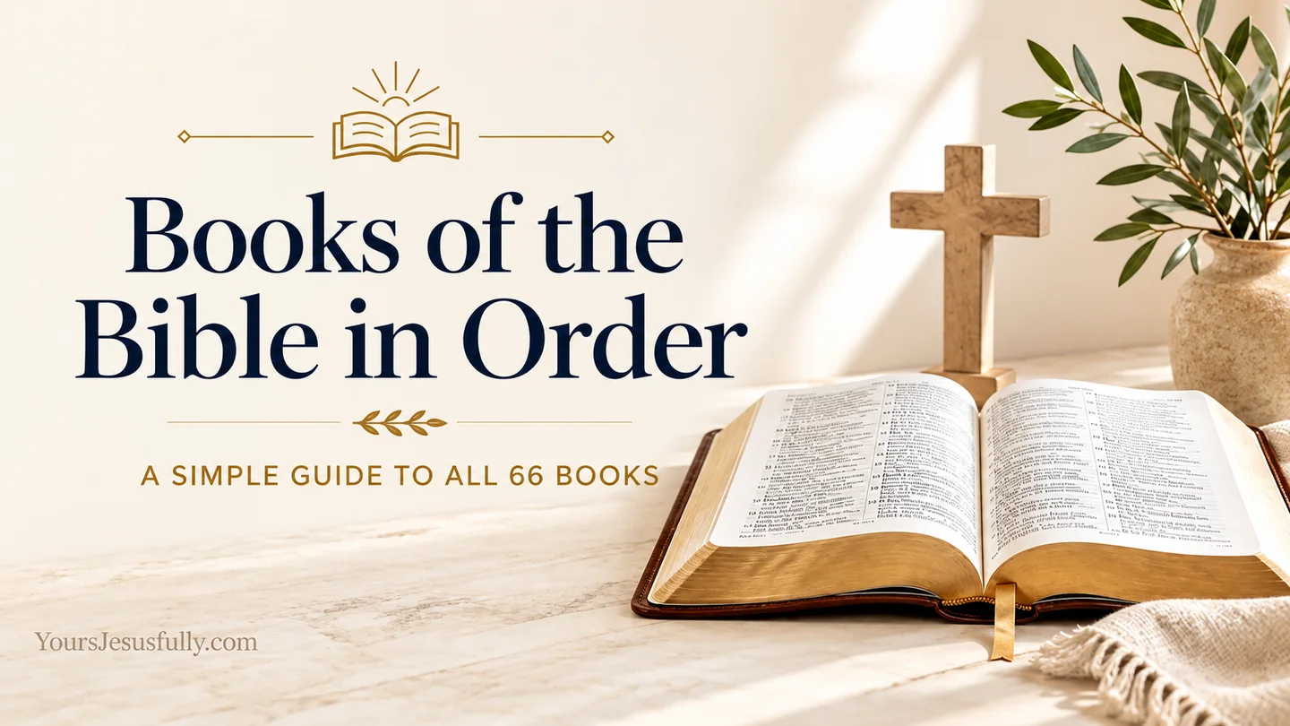 Books of the Bible in order graphic with an open Bible and wooden cross