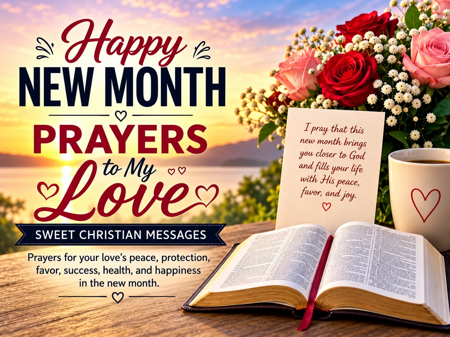 Happy new month prayers to my love graphic with roses, an open Bible and a prayer card