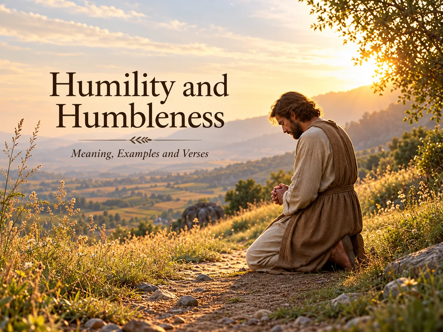 Humility and humbleness graphic with a biblical figure kneeling in prayer on a hillside
