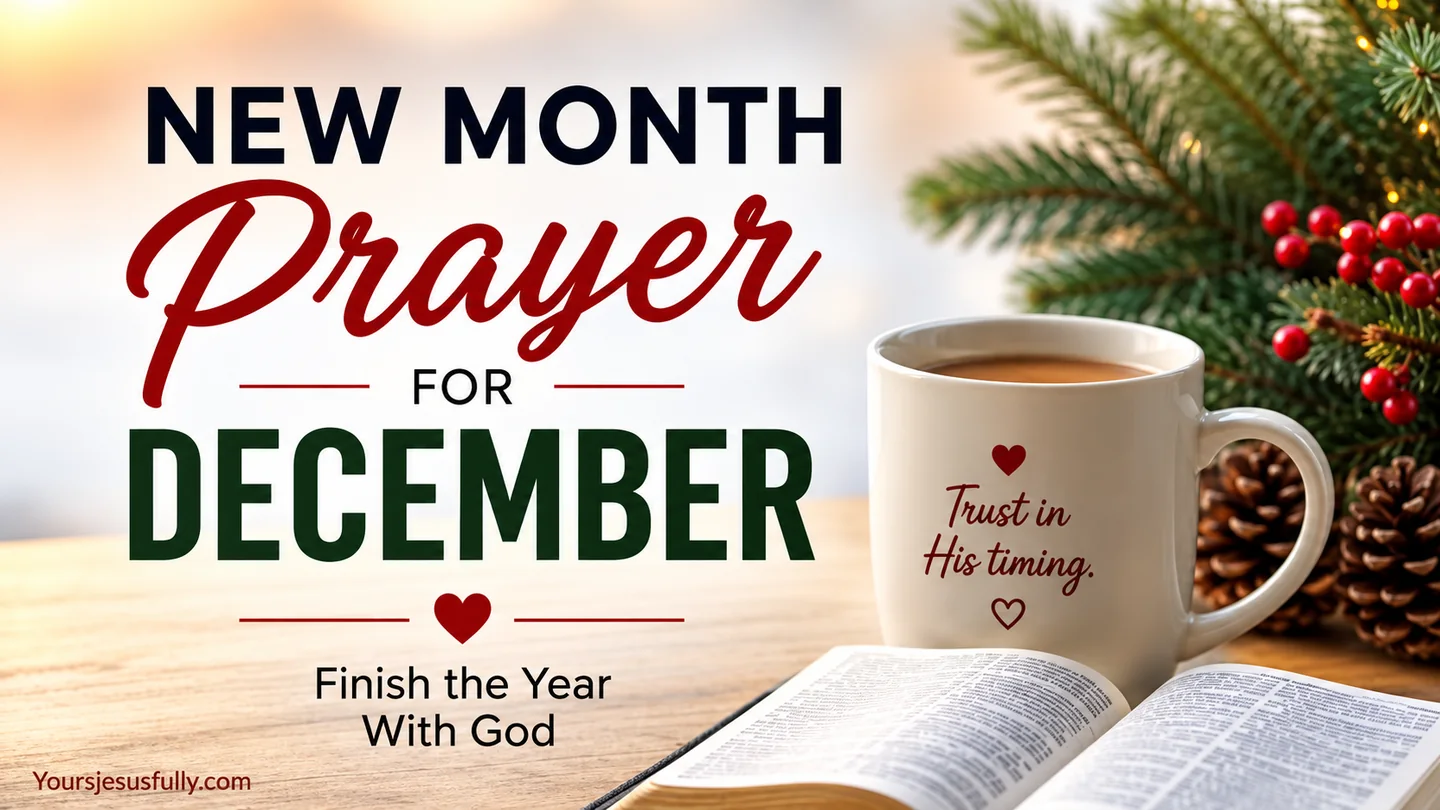 New month prayer for December graphic with an open Bible, mug and Christmas greenery