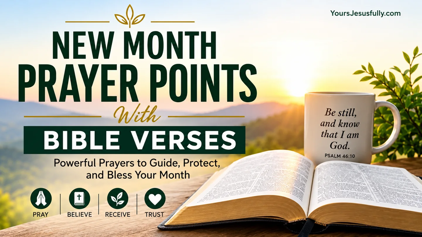 New month prayer points with Bible verses graphic beside an open Bible and mug