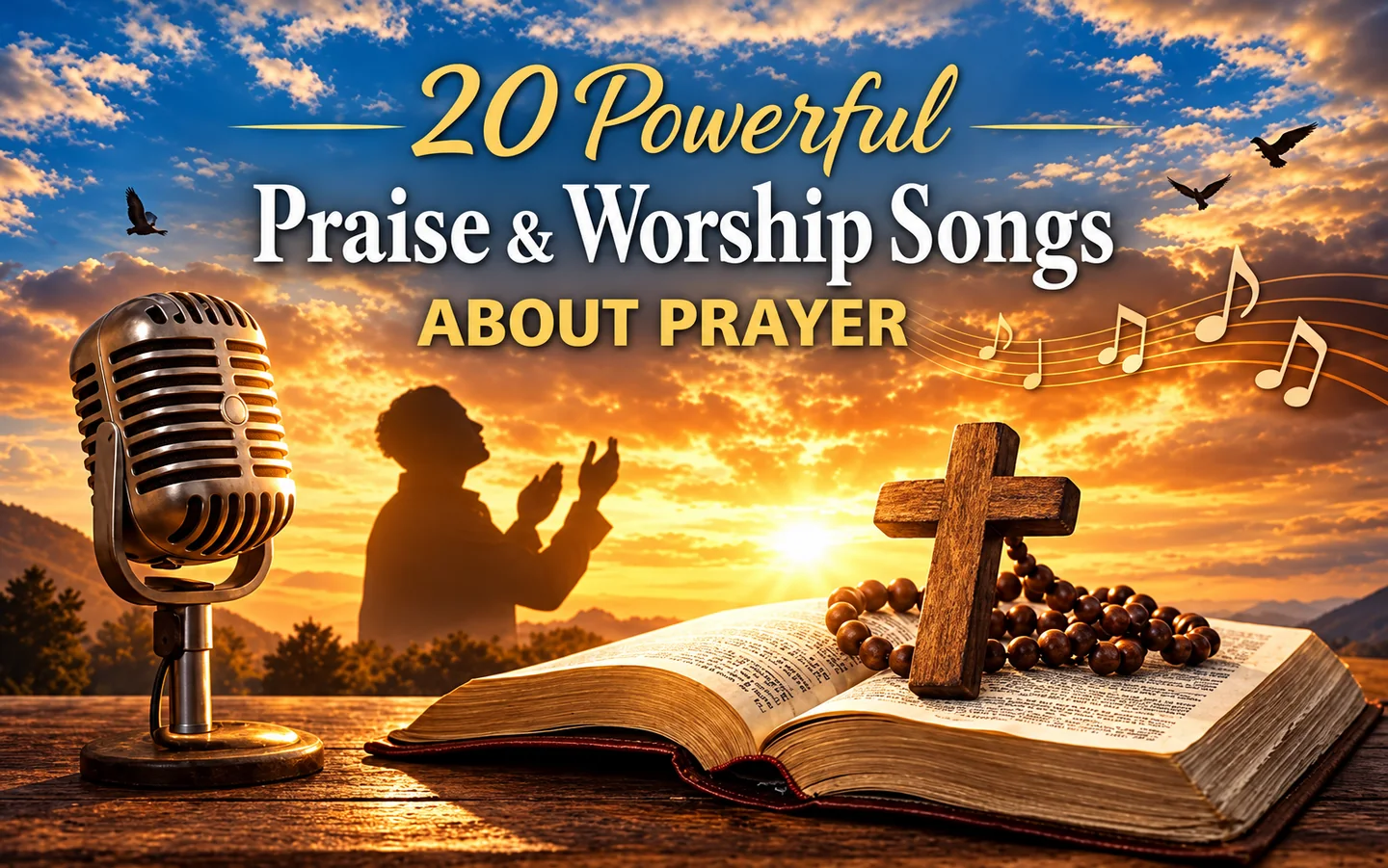 Praise and worship songs about prayer graphic with microphone, Bible and wooden cross