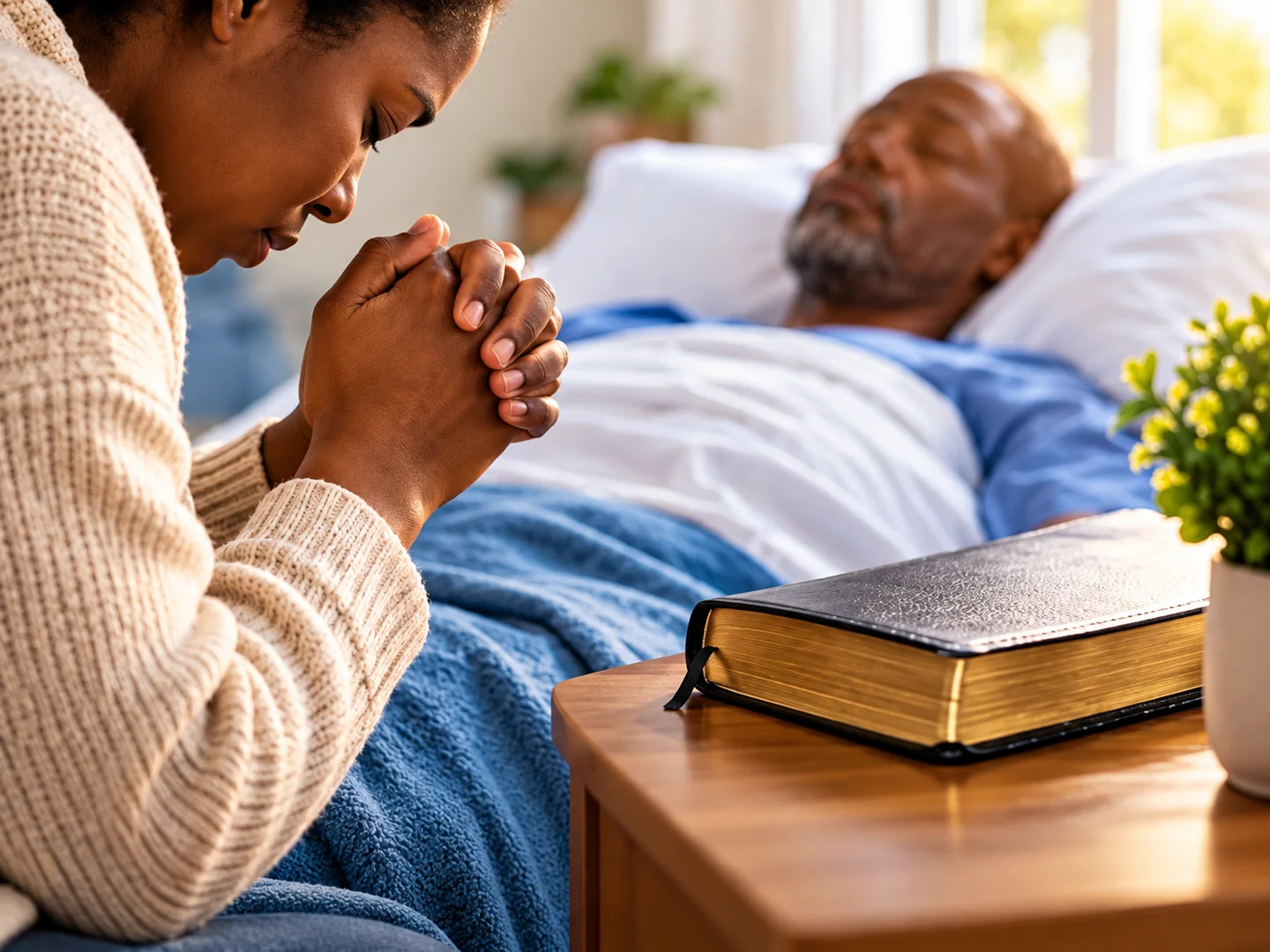 Woman praying beside a sick family member with a Bible on the bedside table