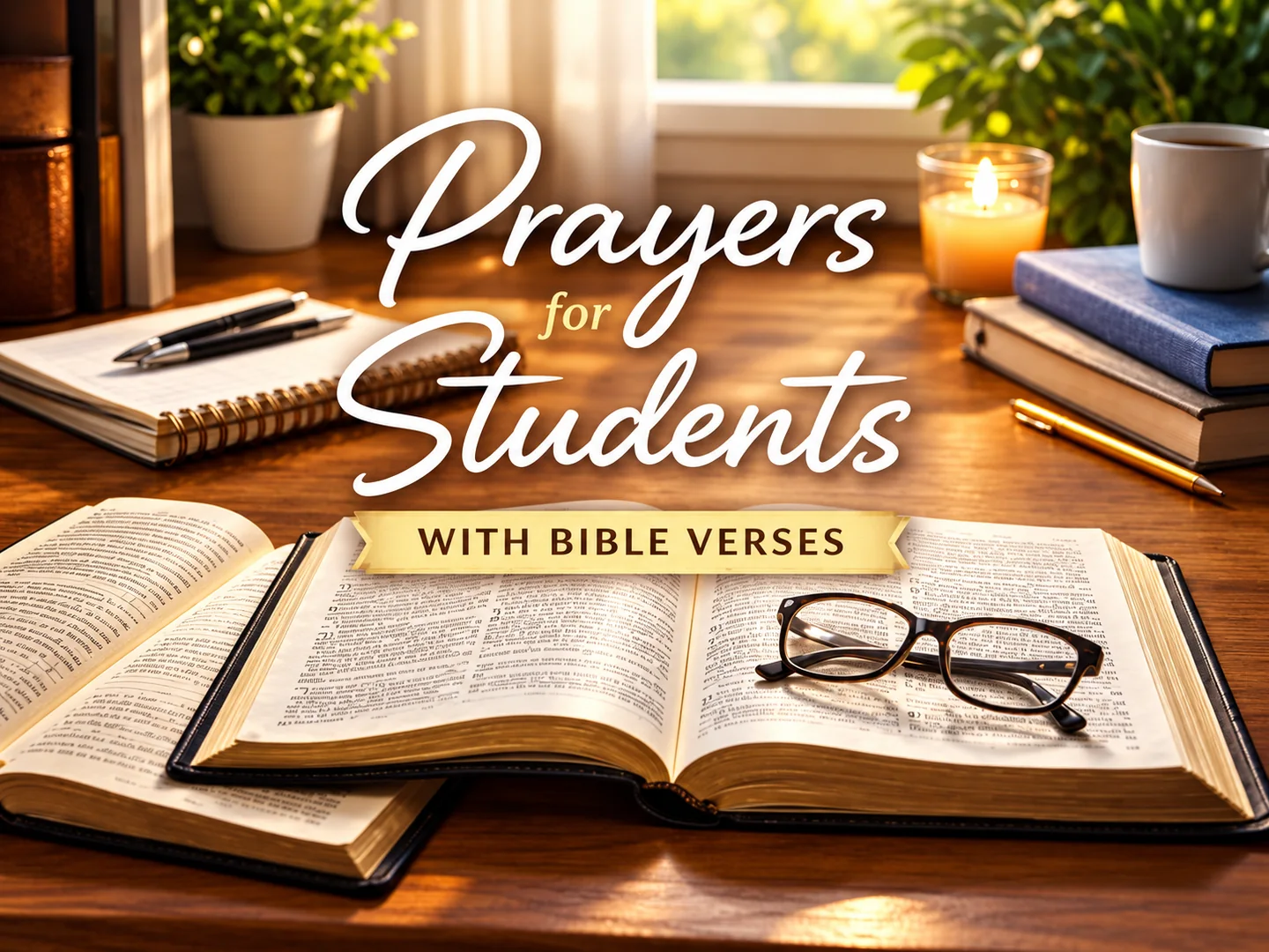 Prayers for students graphic with an open Bible, notebook, books and glasses