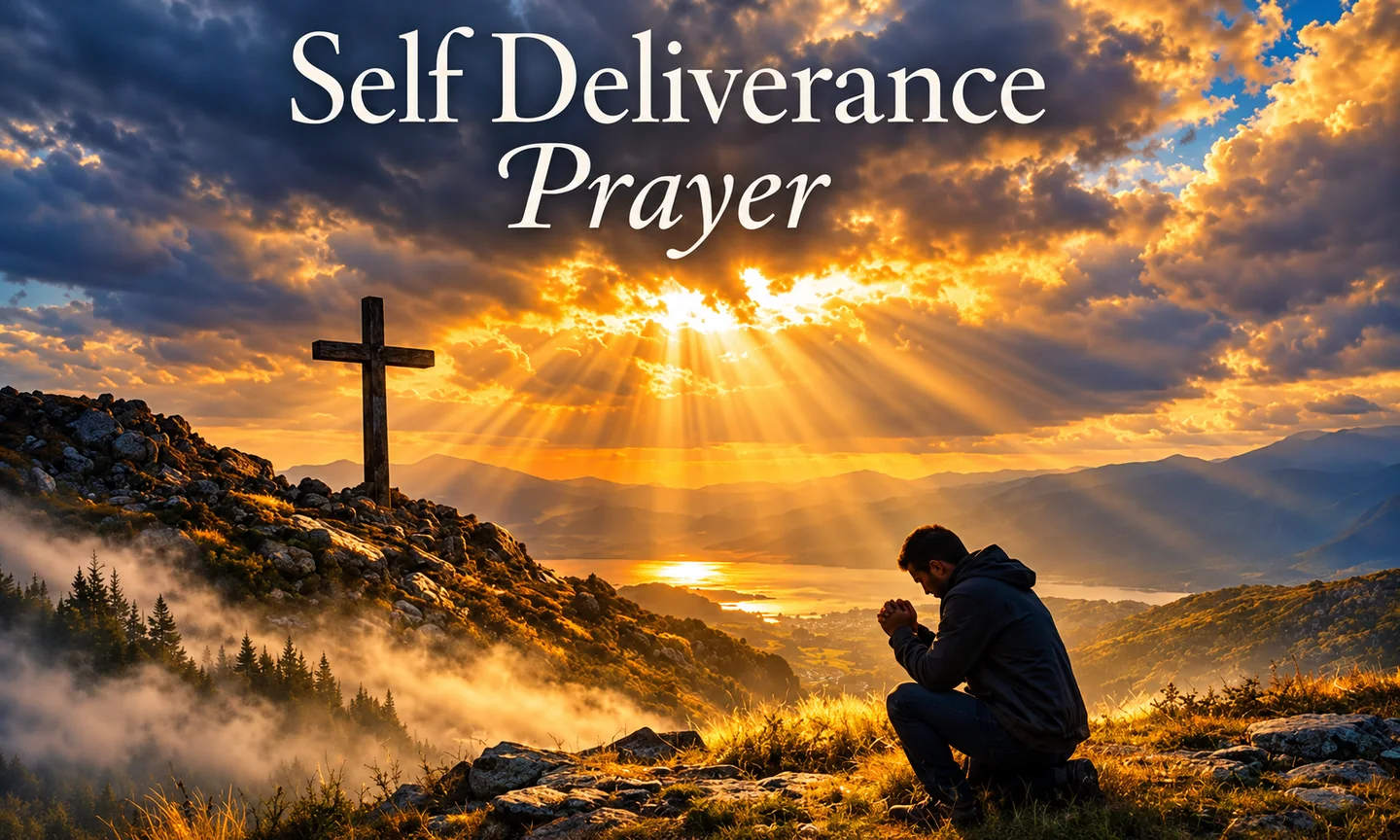 Self deliverance prayer graphic with a kneeling person, cross and sunlight over mountains