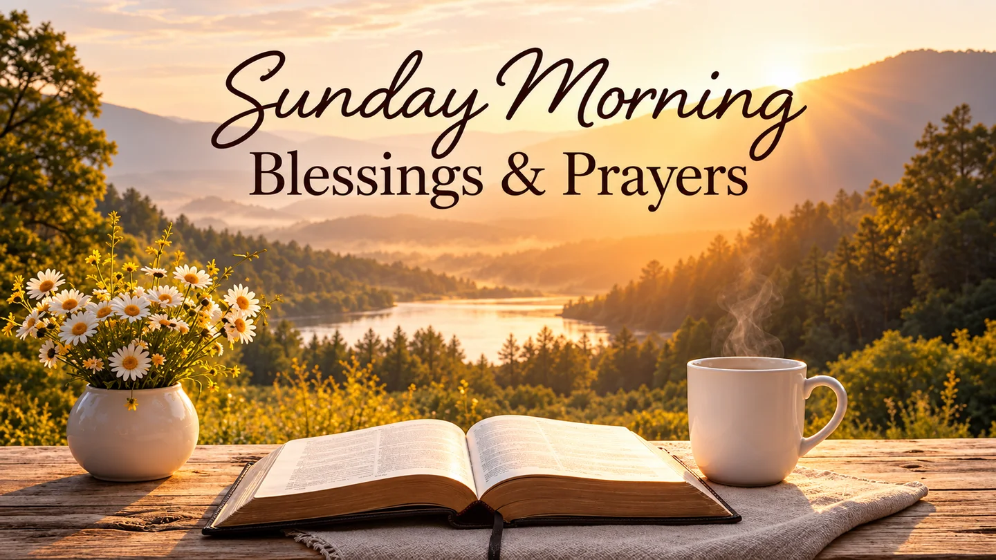 Sunday morning blessings and prayers graphic with an open Bible, flowers and a warm sunrise