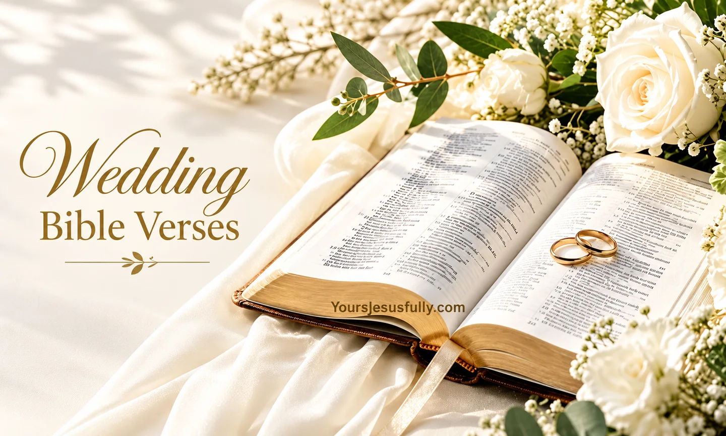 Wedding Bible verses graphic with an open Bible, wedding rings and white flowers