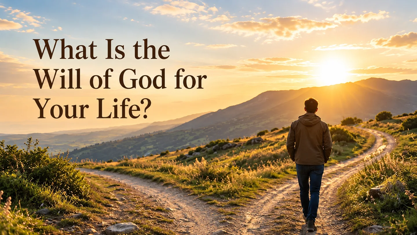 What is the will of God graphic with a person walking along a forked mountain path at sunset