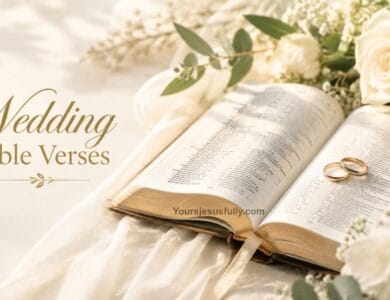 Open Bible with wedding rings and flowers for wedding Bible verses