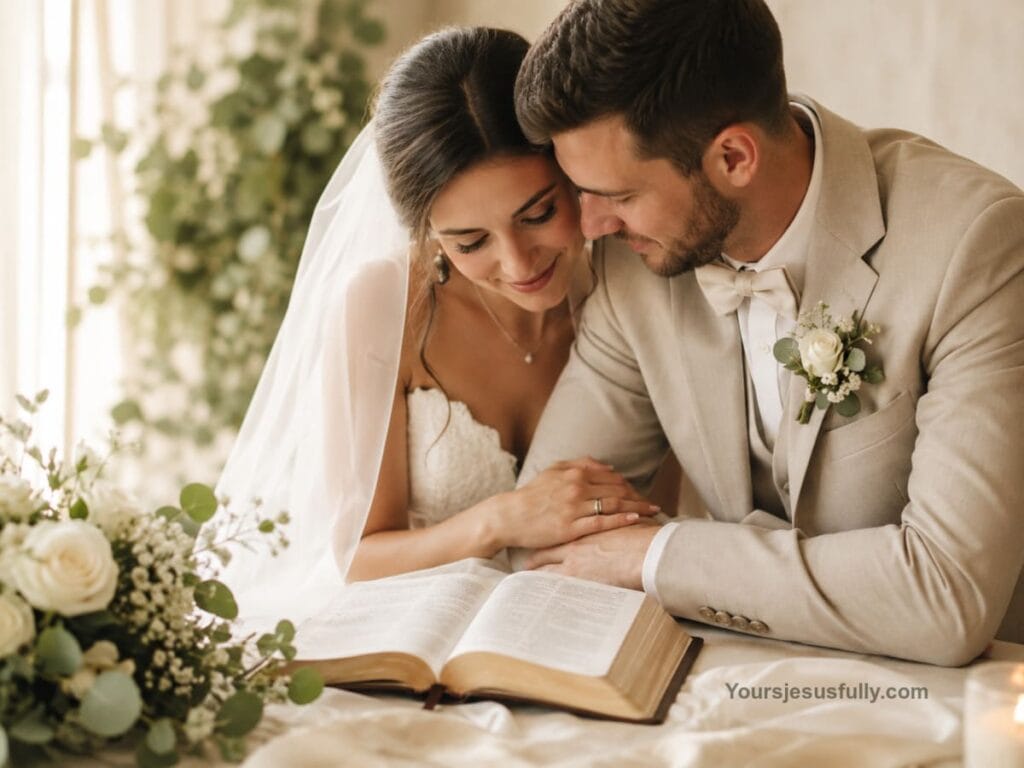Bride and groom reading the Bible together on their wedding day