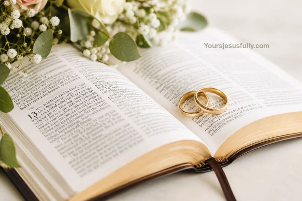 Open Bible with wedding rings and flowers for Christian wedding scripture